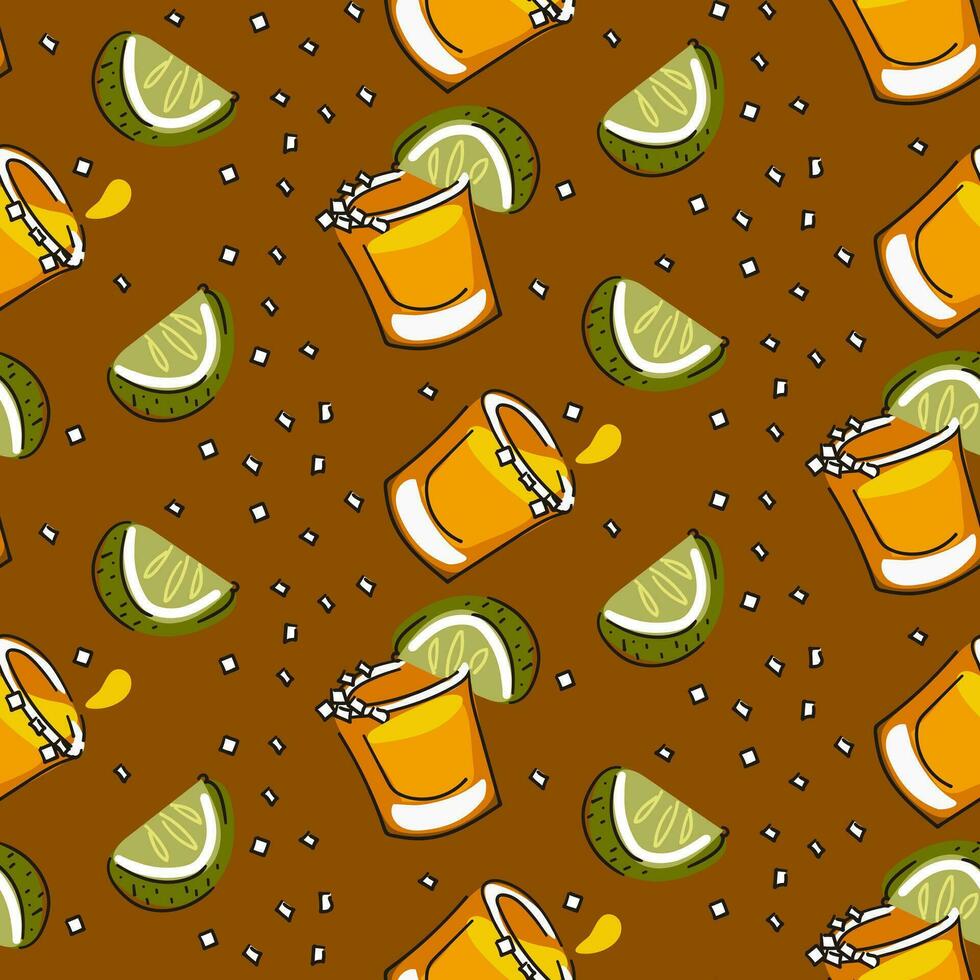 A pattern from a shot of tequila with lime and salt. Color seamless vector pattern of tequila glasses on a brown background. Abstract, cartoon image with an alcoholic drink printing on textiles, paper