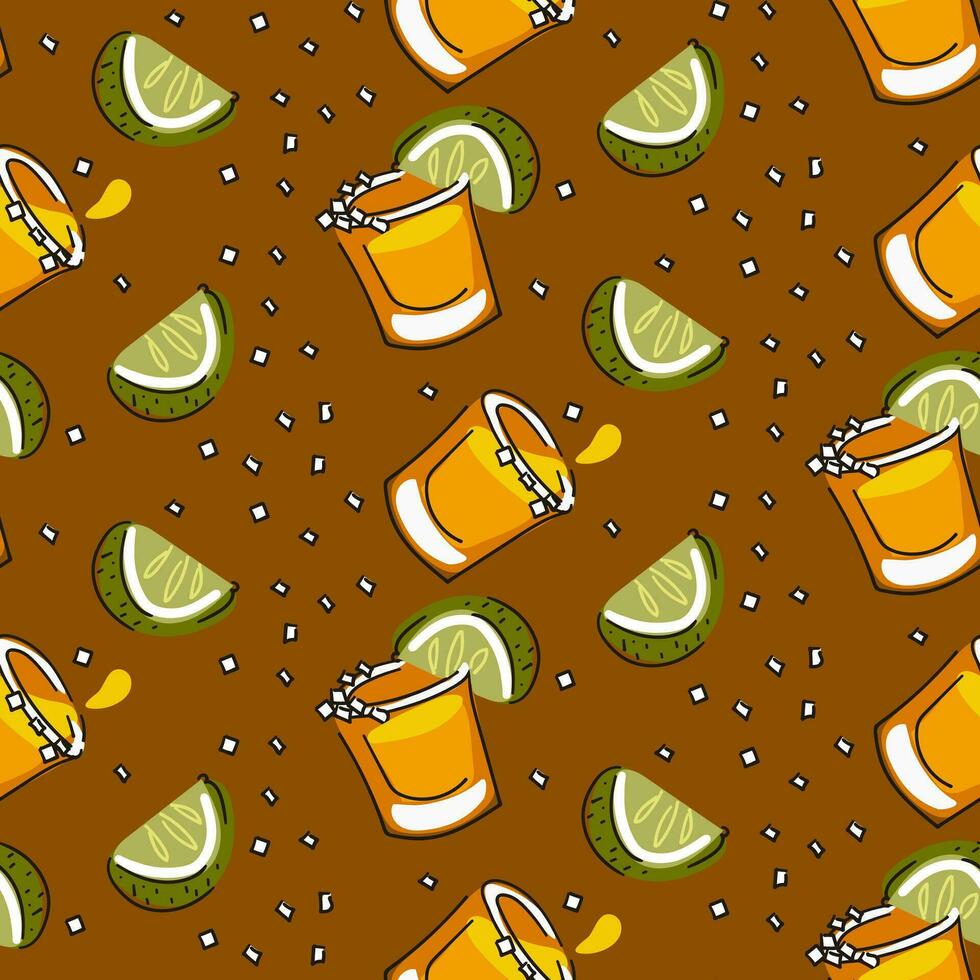 A pattern from a shot of tequila with lime and salt. Color seamless vector pattern of tequila glasses on a brown background. Abstract, cartoon image with an alcoholic drink printing on textiles, paper