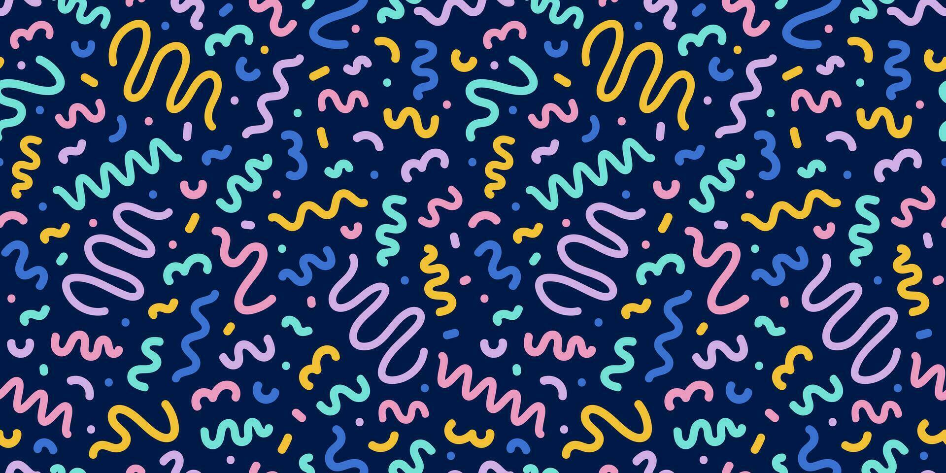 Colorful seamless pattern of the 80s 90s with geometric figures and doodles. Vector childrens background in Memphis style