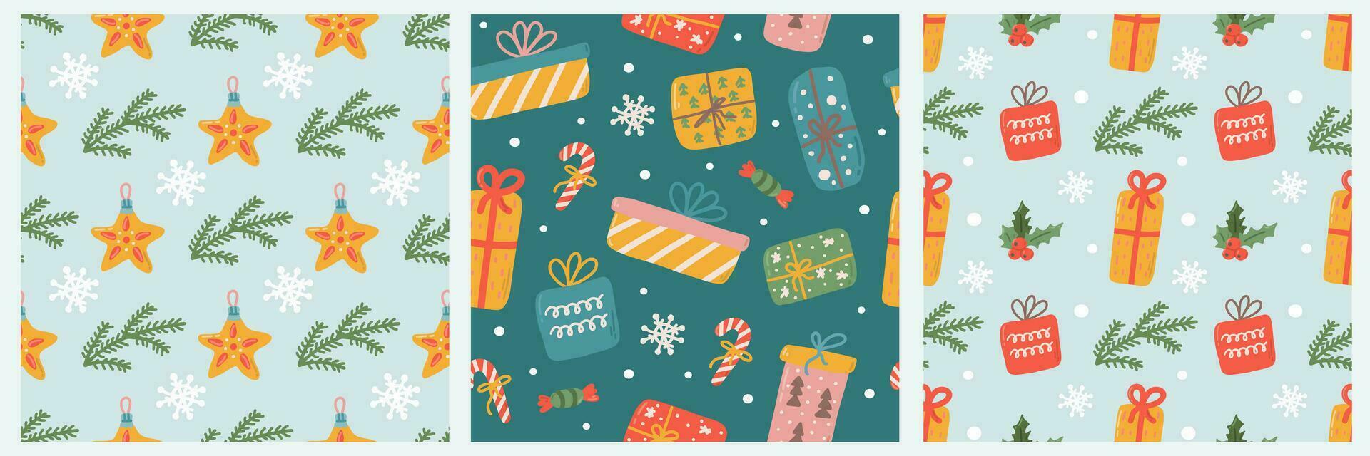 Set of Christmas and Happy New Year seamless patterns, gift boxes, candies, spruce twigs. Vector holiday background