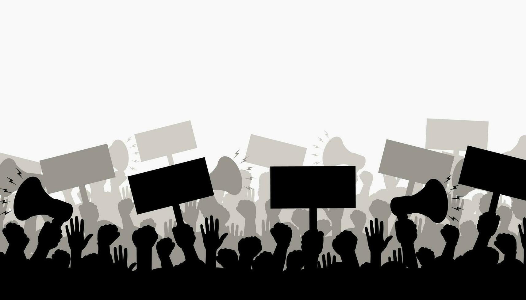 Silhouette of protesting crowd of people with raised hands and banners. vector