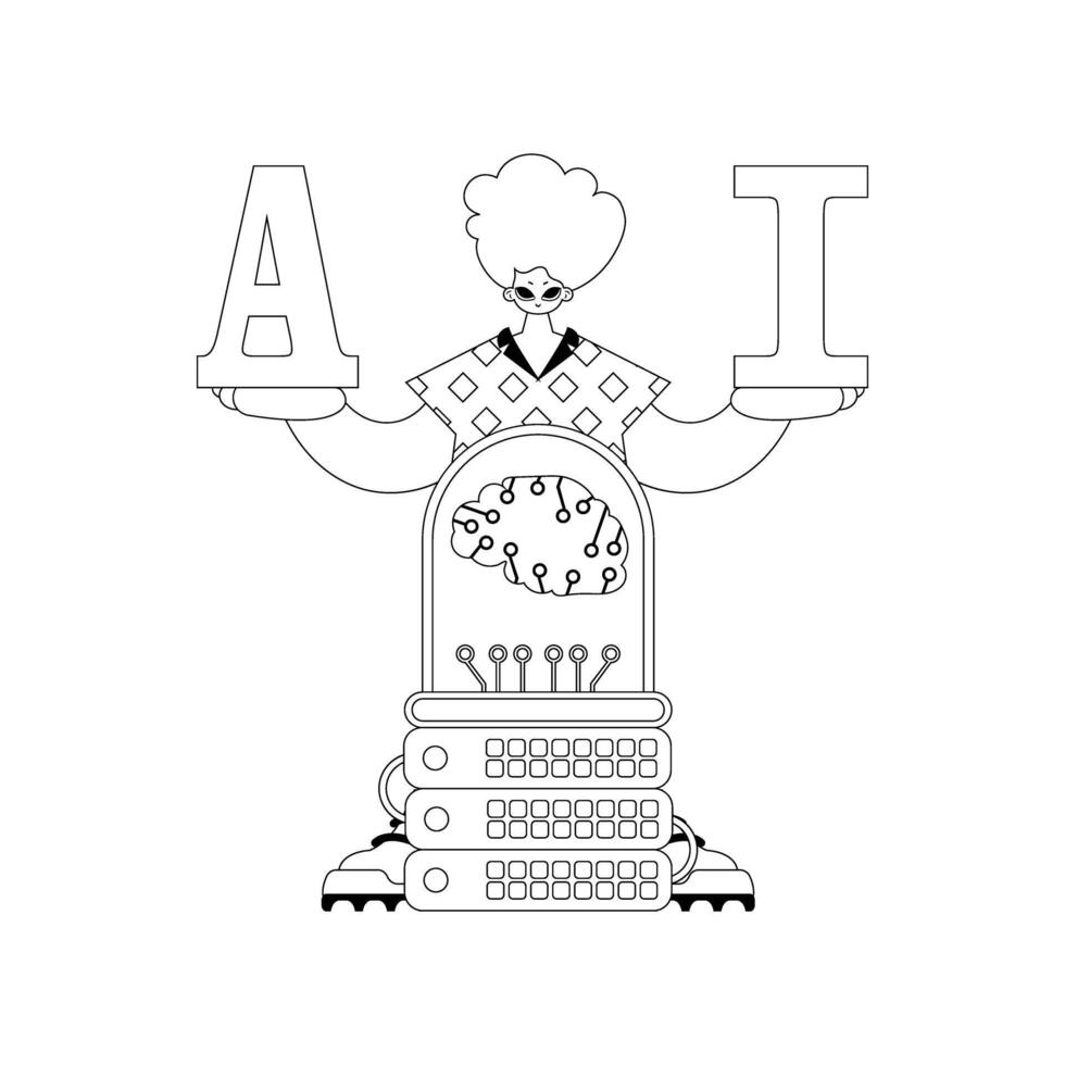 AI guy and server in a linear, vector style, with an AI theme