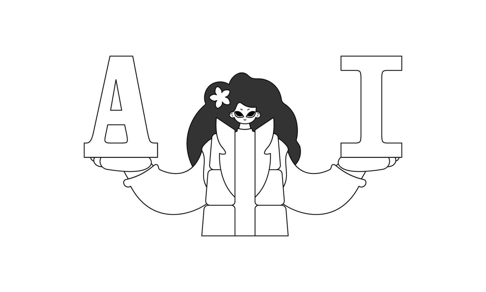 A black and white drawing of a woman holding up the letters i vector