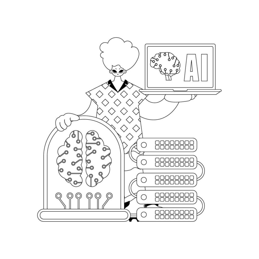 A cartoon man holding a laptop and a computer vector