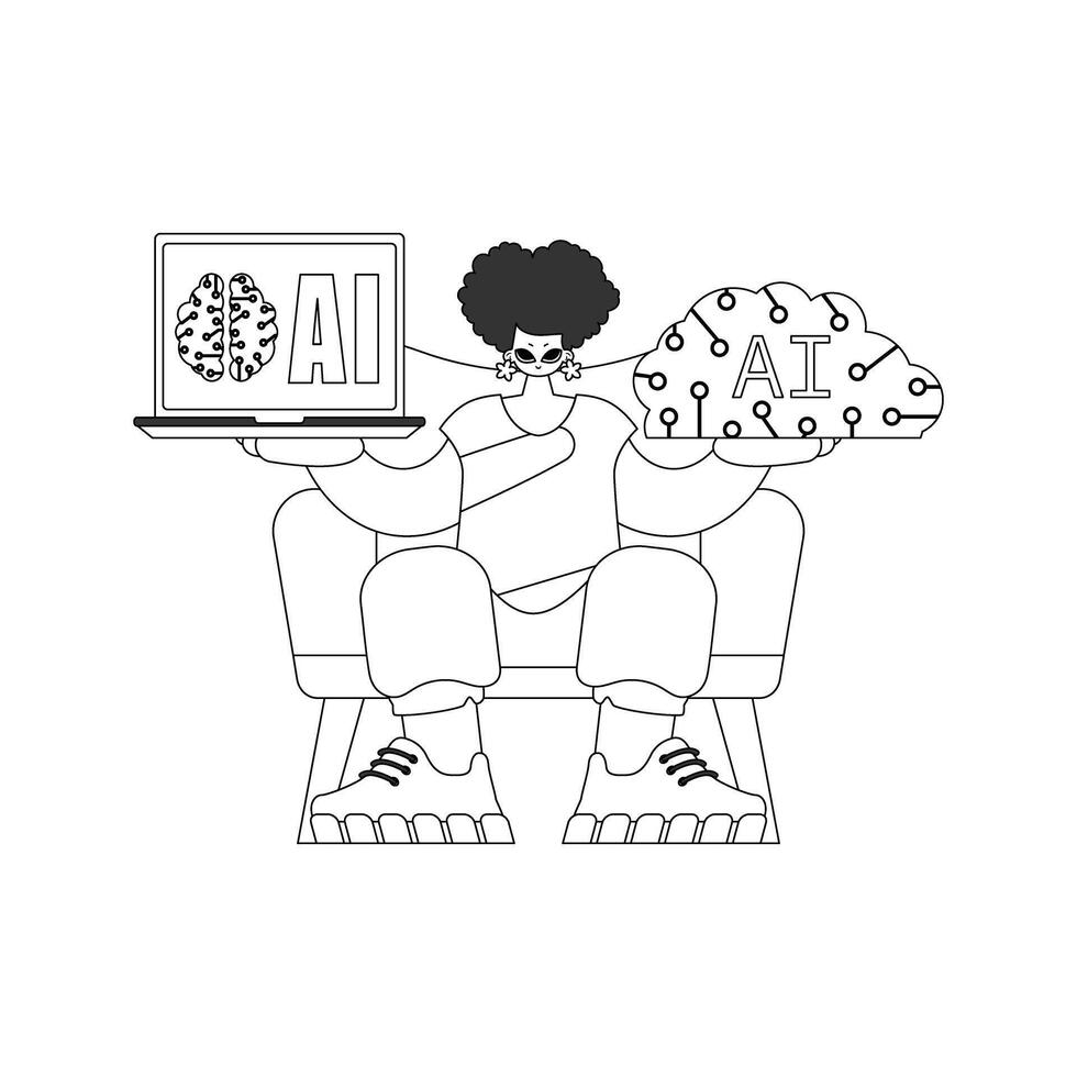 A cartoon man sitting on a chair with a laptop and a brain vector