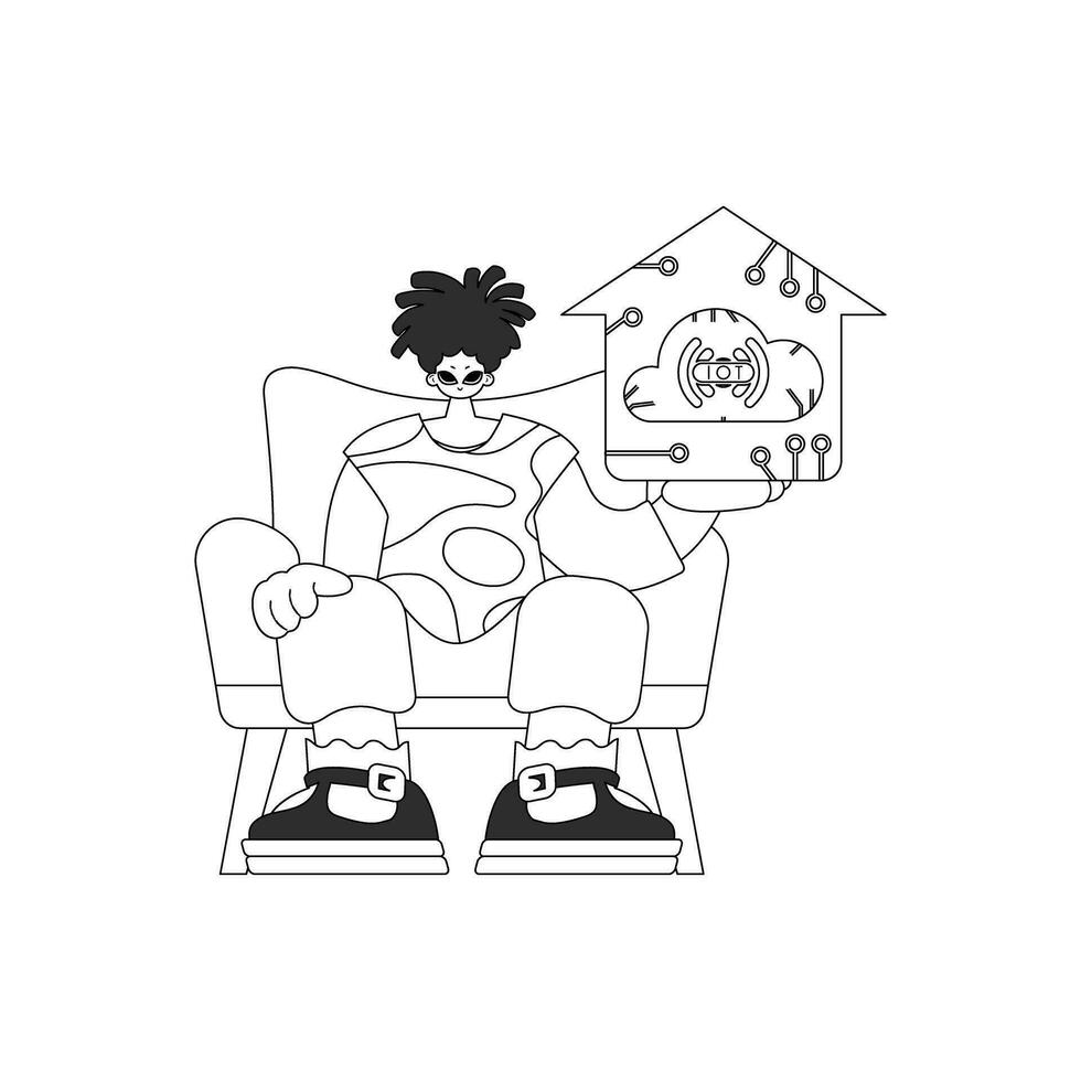 Vector linear style illustration of a man holding the Internet of Things logo