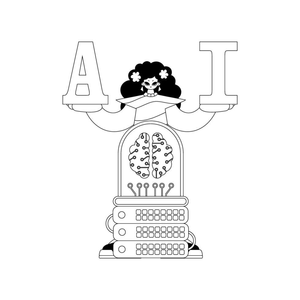 Girl and AI driven server with AI theme in linear style vector