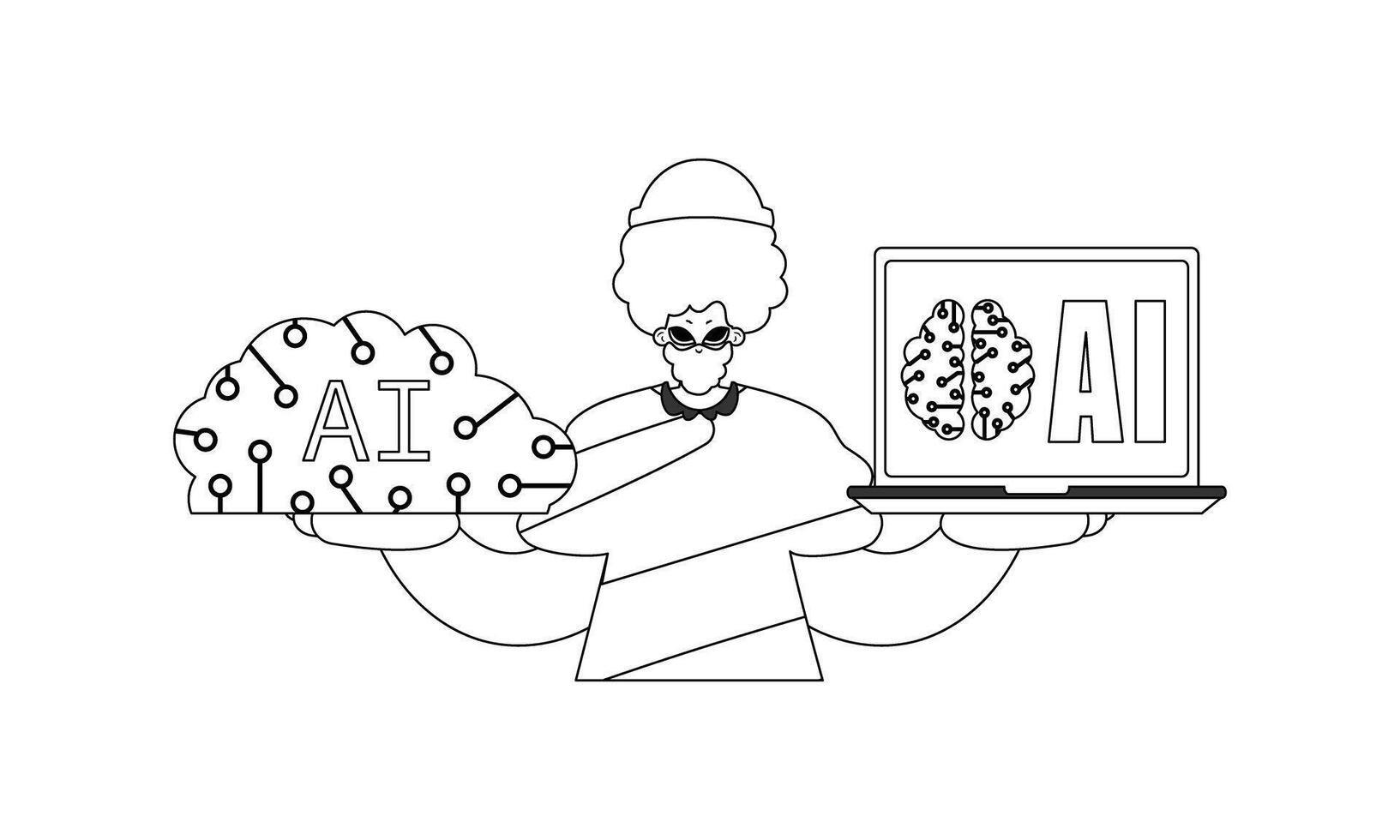 A black and white drawing of a person holding a laptop and a brain vector