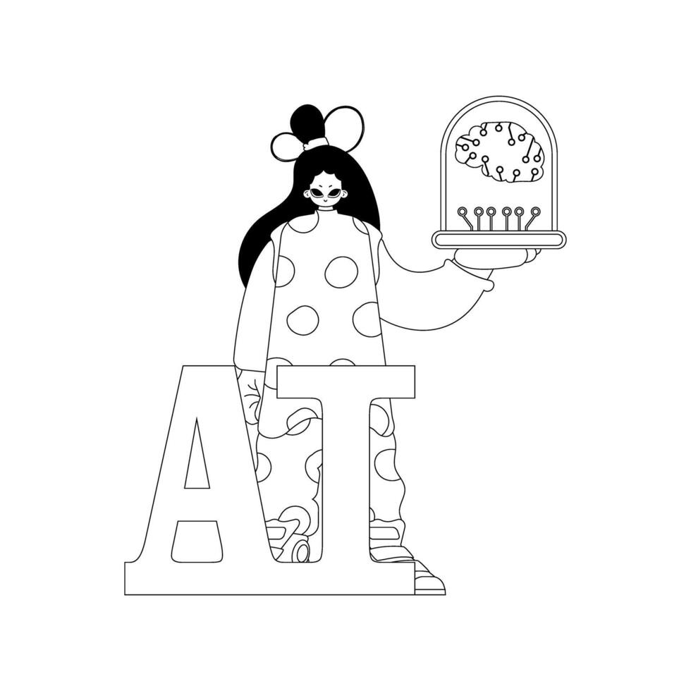 Girl gripping an AI model, linear design vector