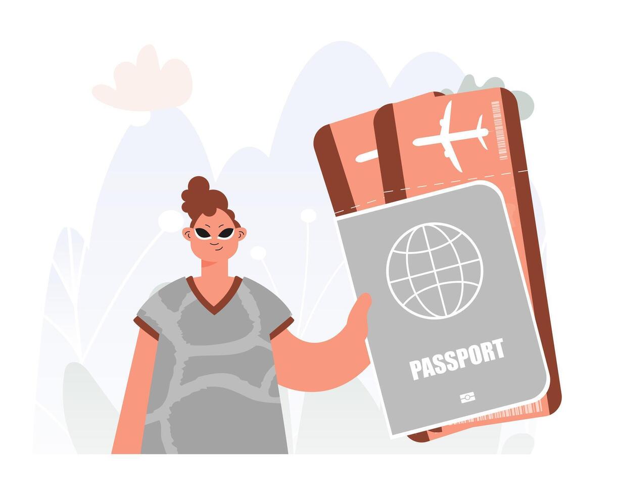 A woman holding a passport and an airplane vector