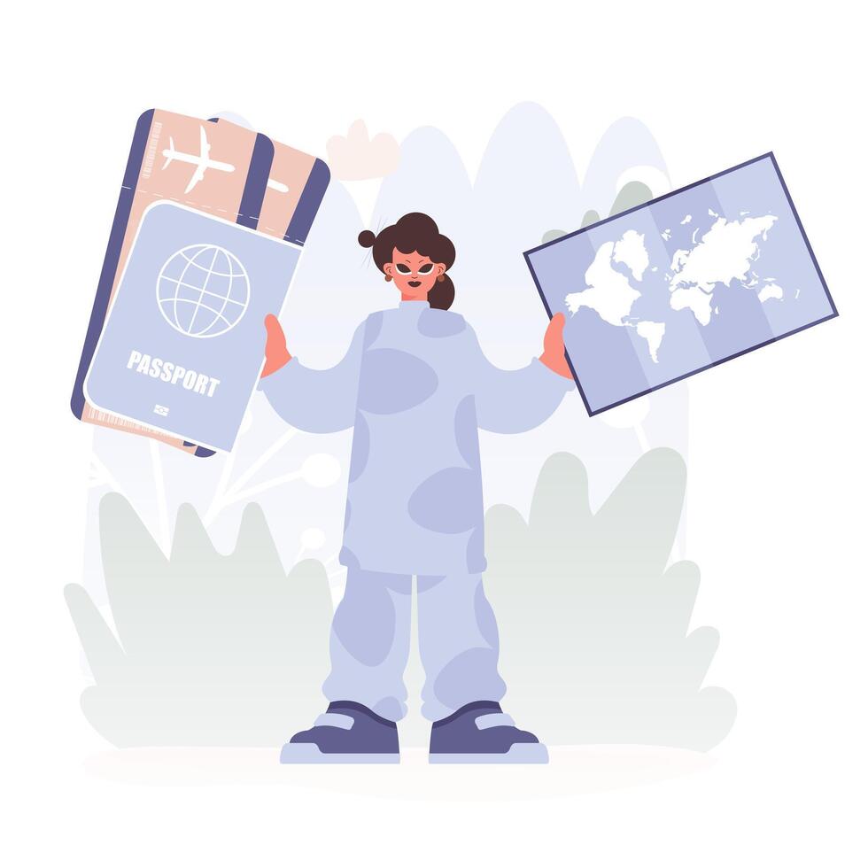 Travel of Association. Plenteous woman with Around the world id and Discussion around Tickets. vector
