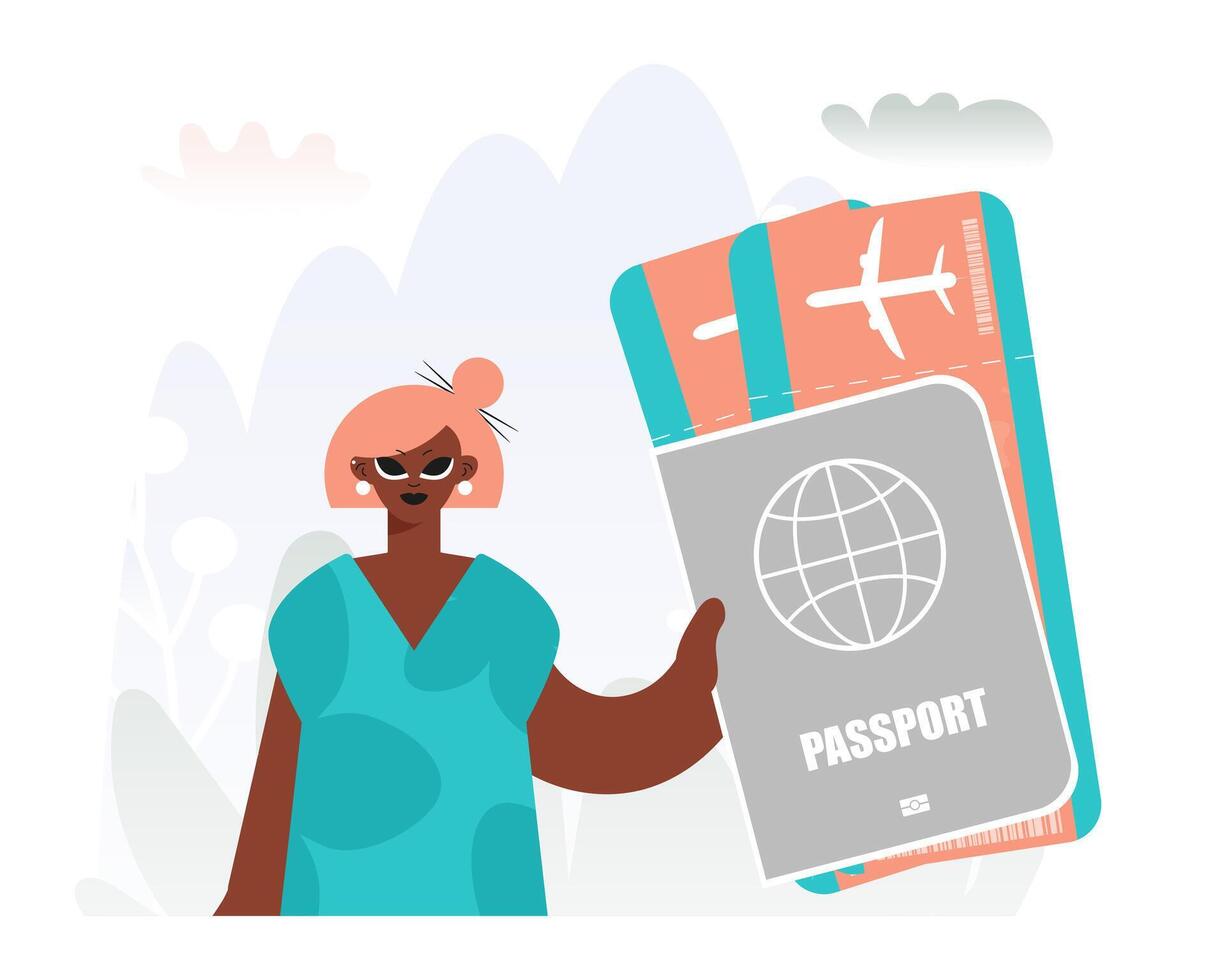 A woman holding a passport and an airplane vector