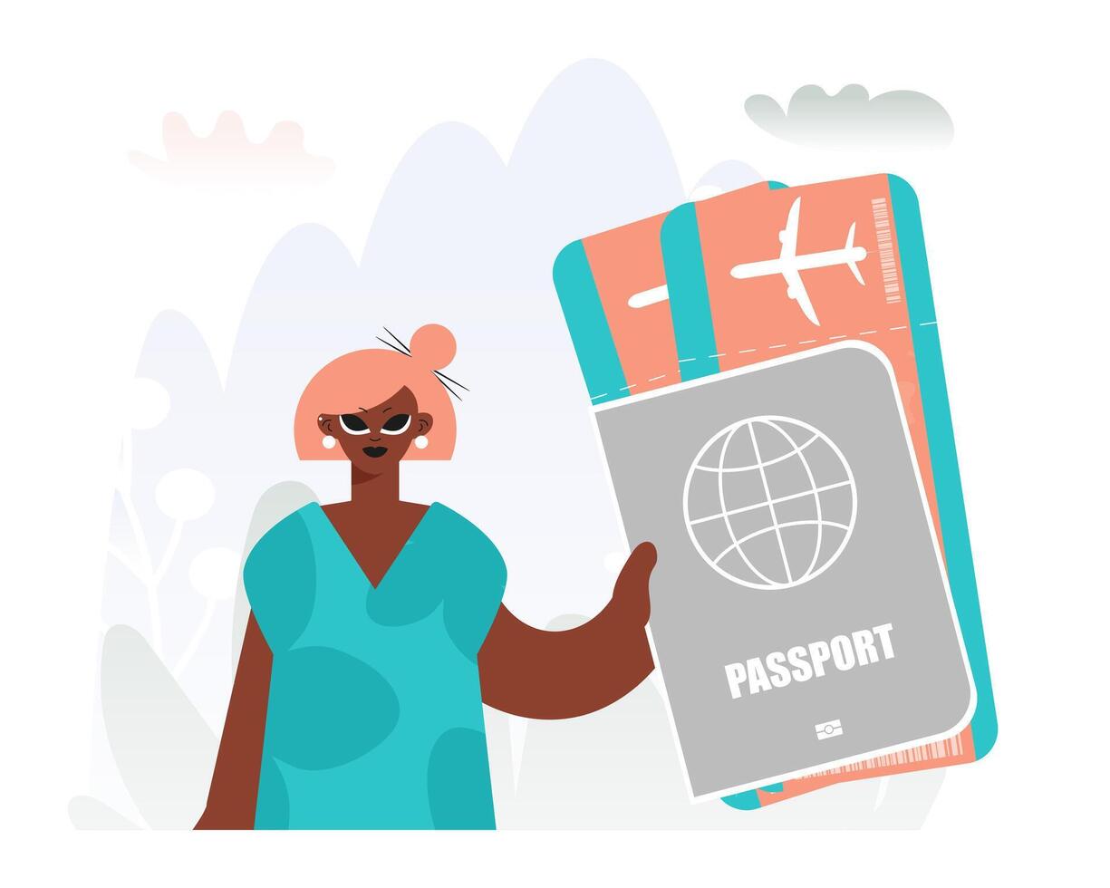 Travel of Involvement. Lively woman with Around the world id and Talk around Tickets. vector