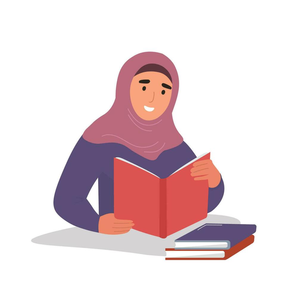 A Muslim girl in a hijab reads a book, studies, gets an education. Vector graphics.