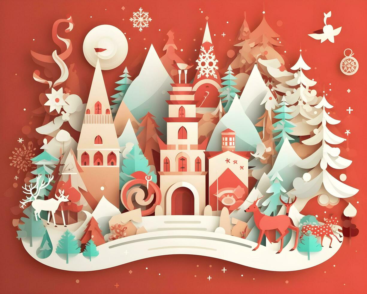 christmas winter paper art merry snow tree holiday generative Ai. photo
