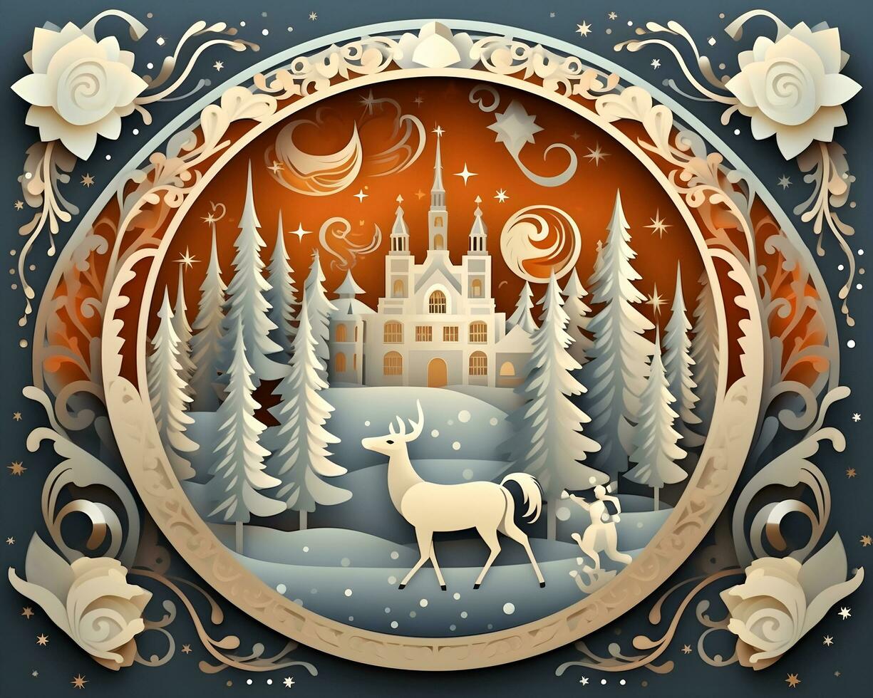 christmas winter paper art merry snow tree holiday generative Ai. photo