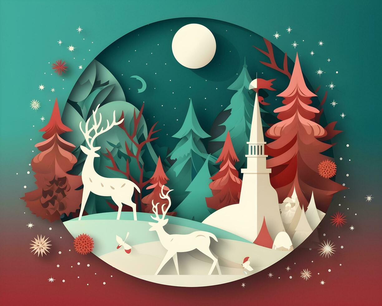 christmas winter paper art merry snow tree holiday generative Ai. photo