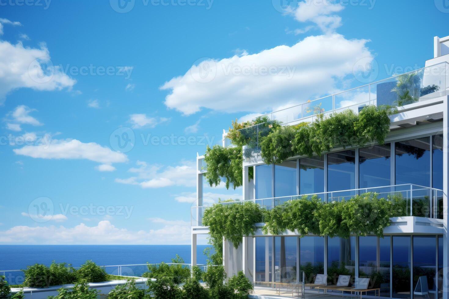 Office building facing sea green garden. Generate Ai photo