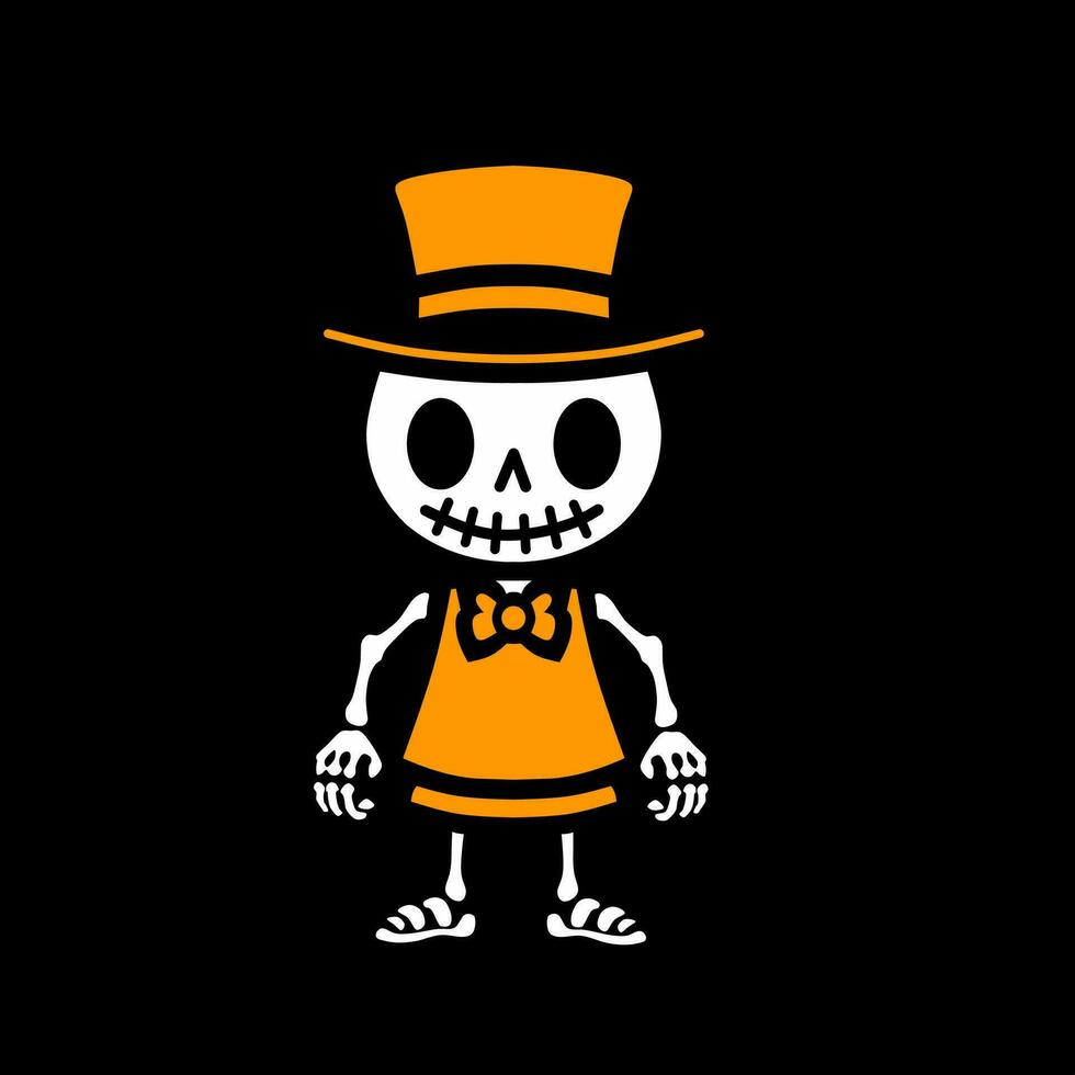 Clipart design illustration of a skull with a hat and orange clothes on a black background vector