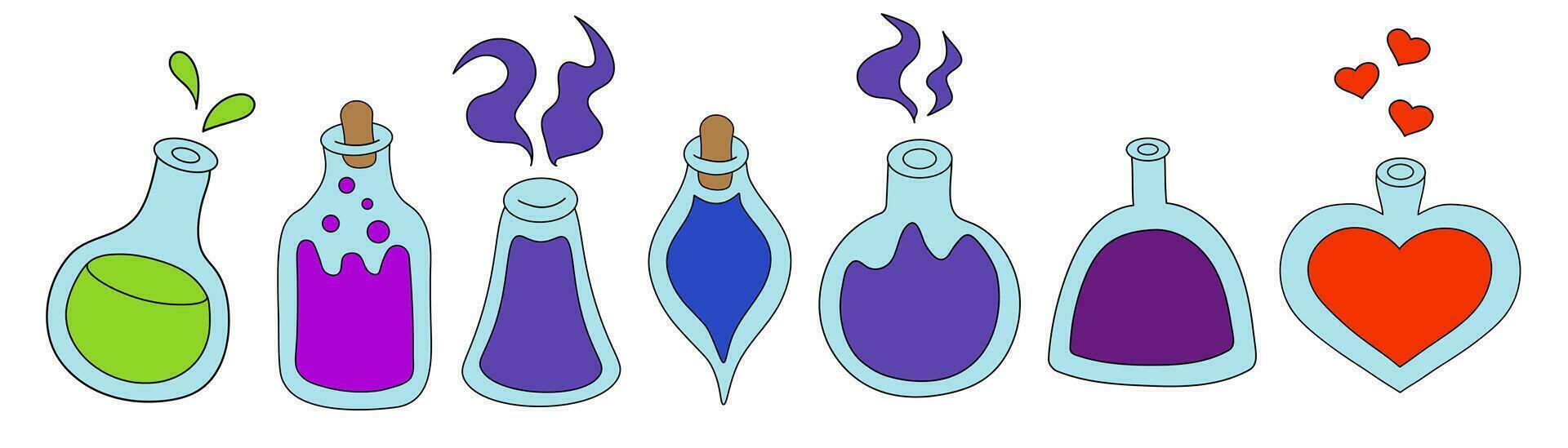 Potion bottles set isolated on white background. Cartoon flat vector illustration of different shape glass jars with colorful liquid substance. Magic shop, witchcraft accessories