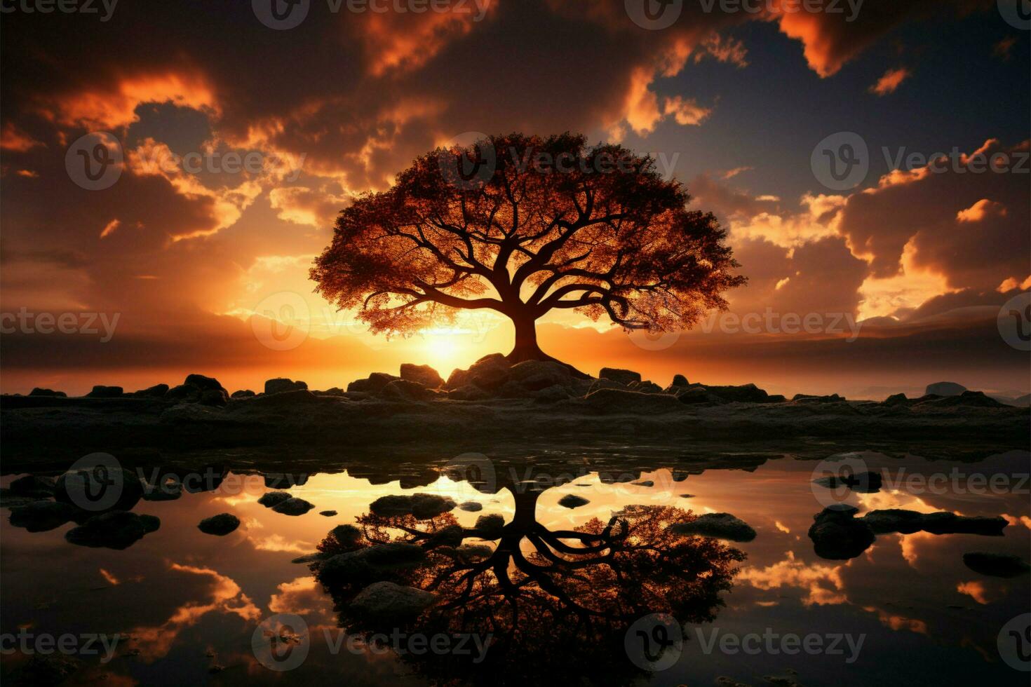 Silhouette of a tree with sun rays in the background AI Generated photo