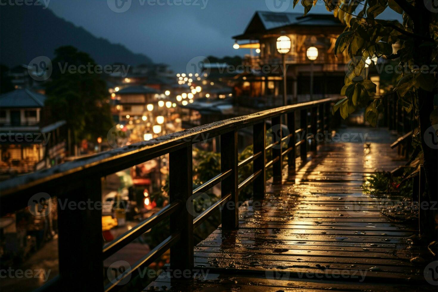 View from wooden plank above phuket town at night AI Generated photo