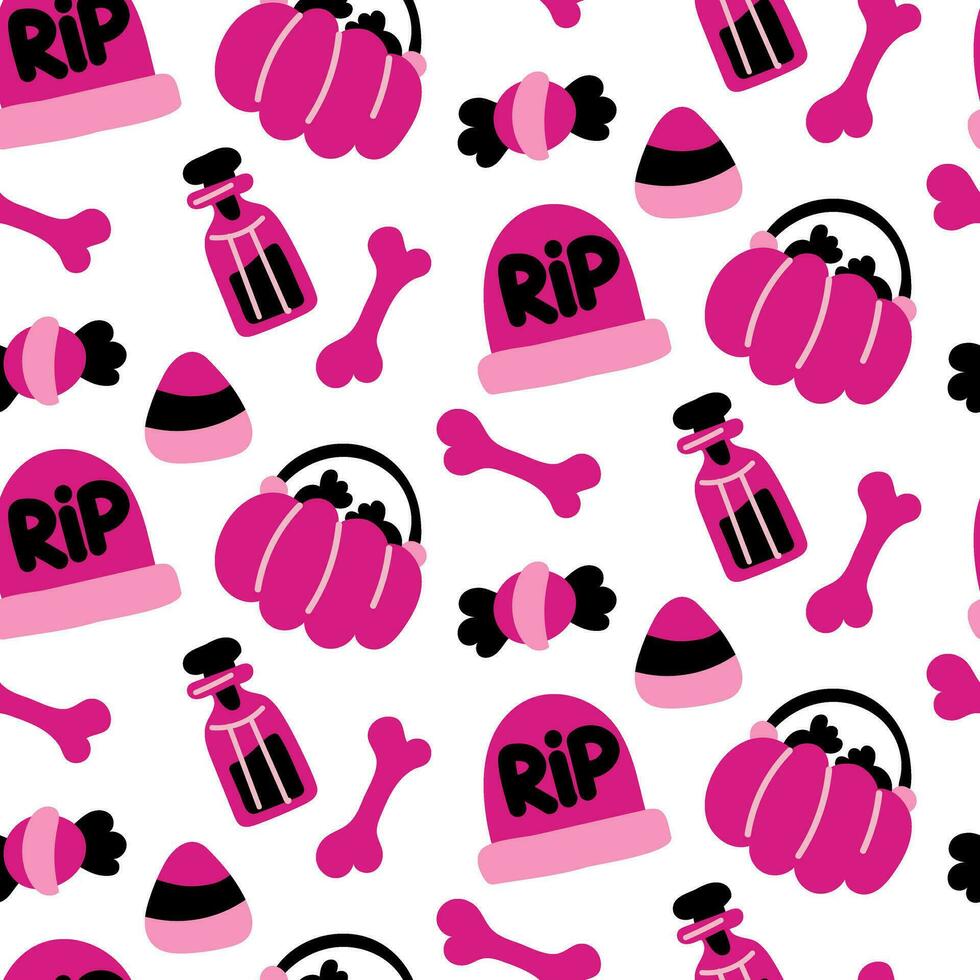 Seamless pattern of candy basket, poison, tombstone, bones in pink tones on a white, for Halloween. Vector festive illustration in cartoon style for children. Texture for parties, packaging, fabrics