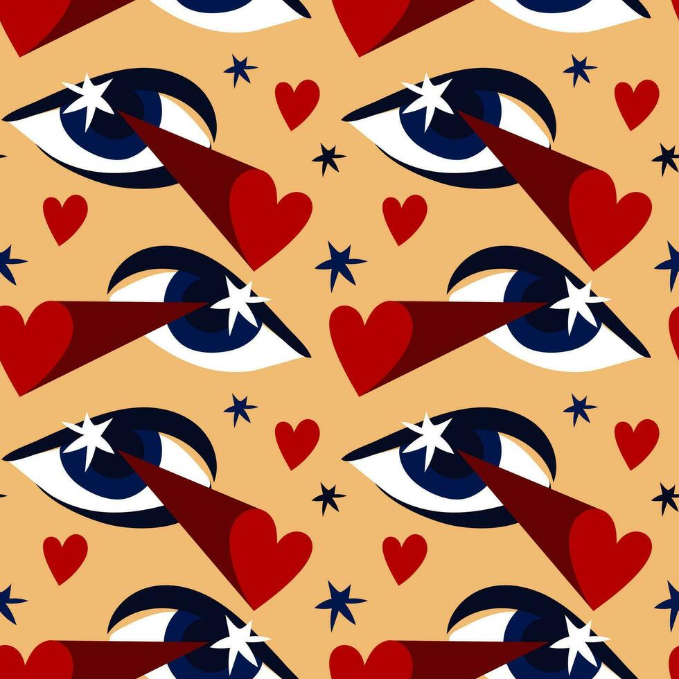 Seamless pattern with the image of the elements of the heartthrob. Manipulating, shooting eyes at hearts in different directions. Conceptual illustration. Ideal for decorating textile packaging vector