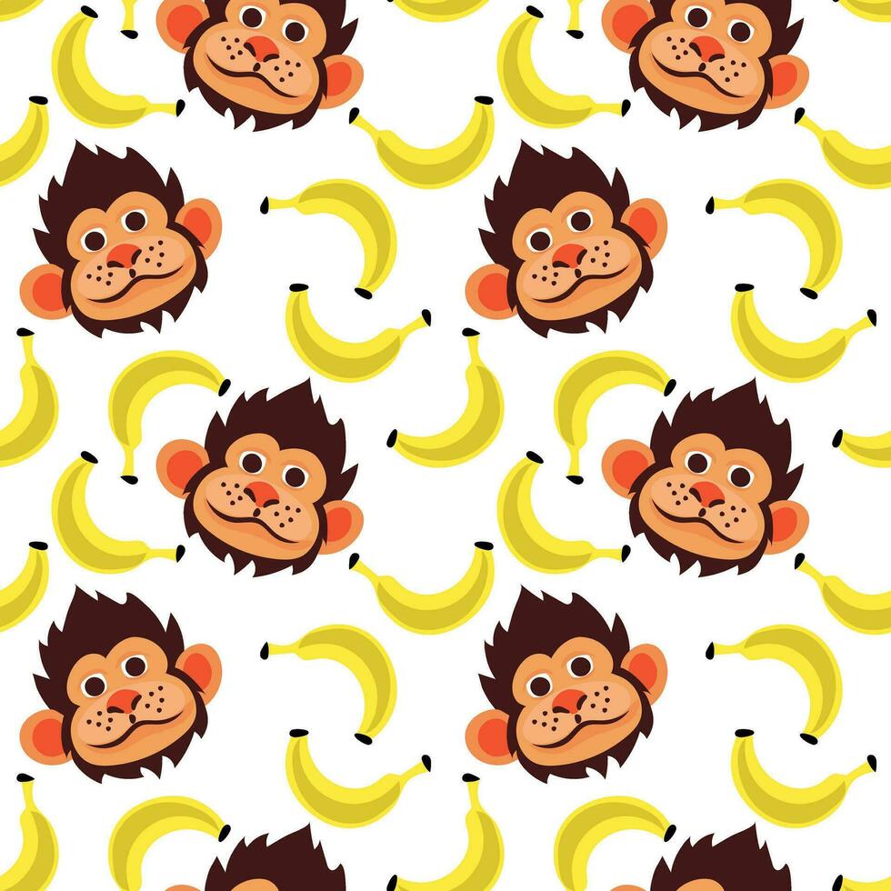 Seamless pattern with funny monkey face and bananas. Vector illustration of a tropical animal with food on a white background. Children's cartoon illustration for printing on textiles and paper