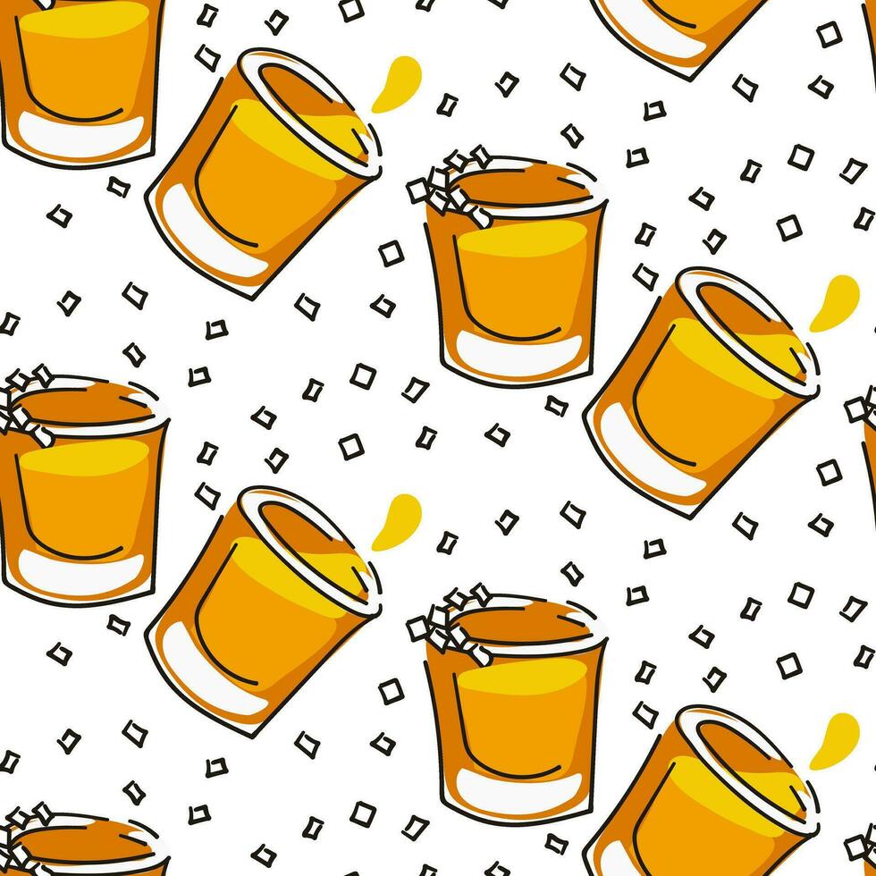 A pattern from a stack of tequila and salt. Color seamless vector pattern of tequila glasses on a white background. Abstract, cartoon image with an alcoholic drink. Printing on textiles and paper