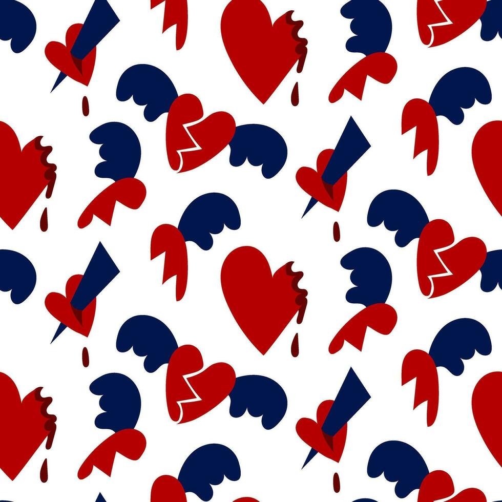 Seamless pattern with the image of the elements of the heartthrob. The search for new halves, hearts with wings, the heart is bleeding. Conceptual illustration. Ideal for decorating textile packaging vector