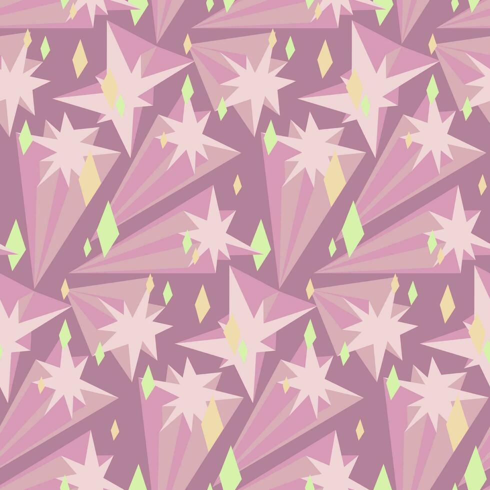 A pattern of pink shooting stars. A magical decoration on a pink background. Shades of pink with a colored glow, mother-of-pearl shine. Shine, bling, stars, light, ray. printing on textiles and paper vector