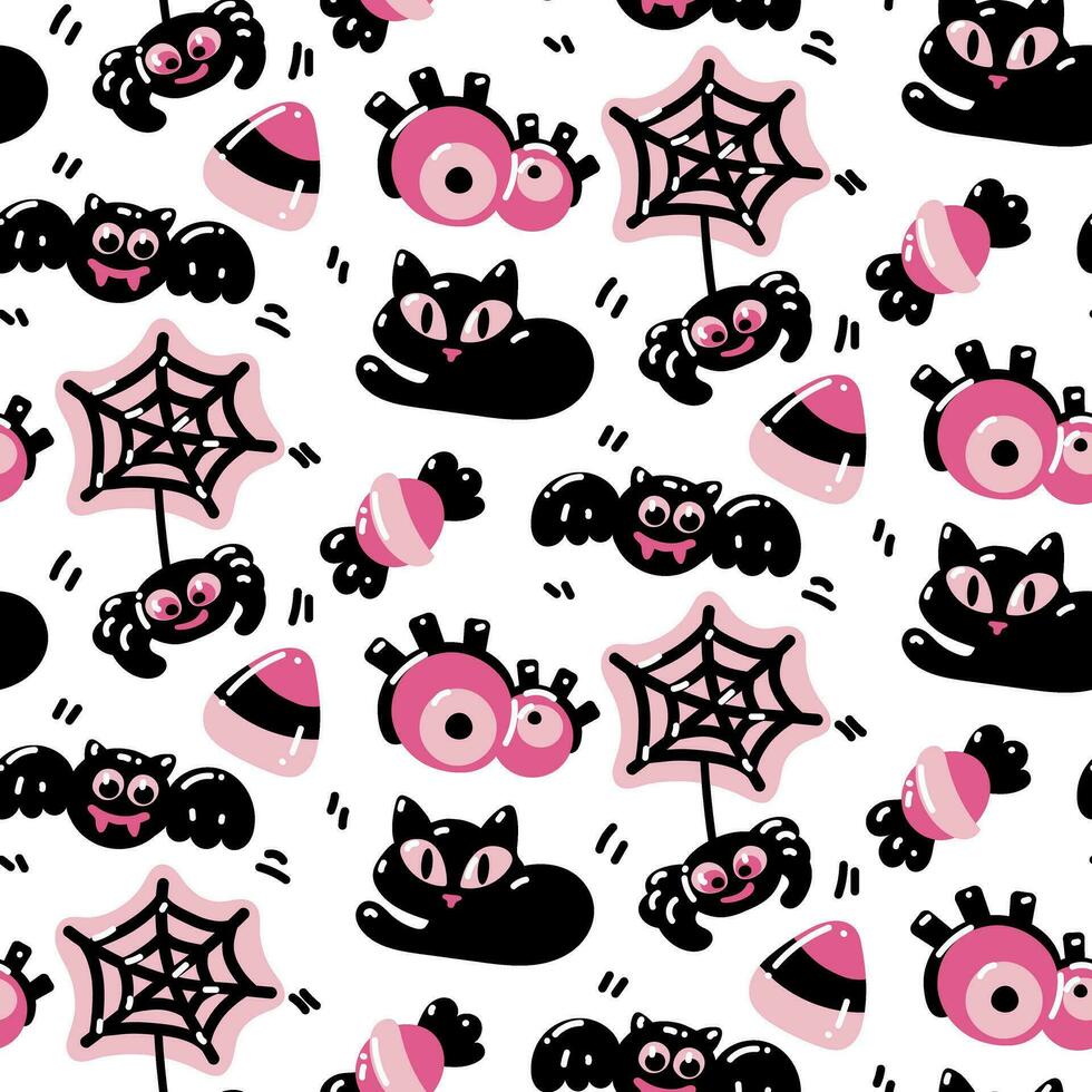 Seamless pattern in pink and black colors for Halloween. Black cat, bat, spider with web, eyes, candy on a white background vector illustration in cartoon style. Holiday packaging, party texture