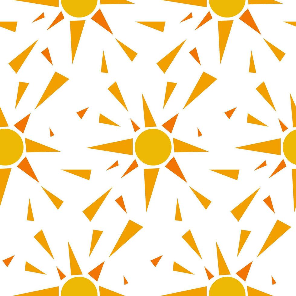 Vector hand-drawn seamless pattern, sunny background, sunny drawings isolated on a white background, yellow geometric elements, sun rays, nature background. Packaging, label for products from the sun