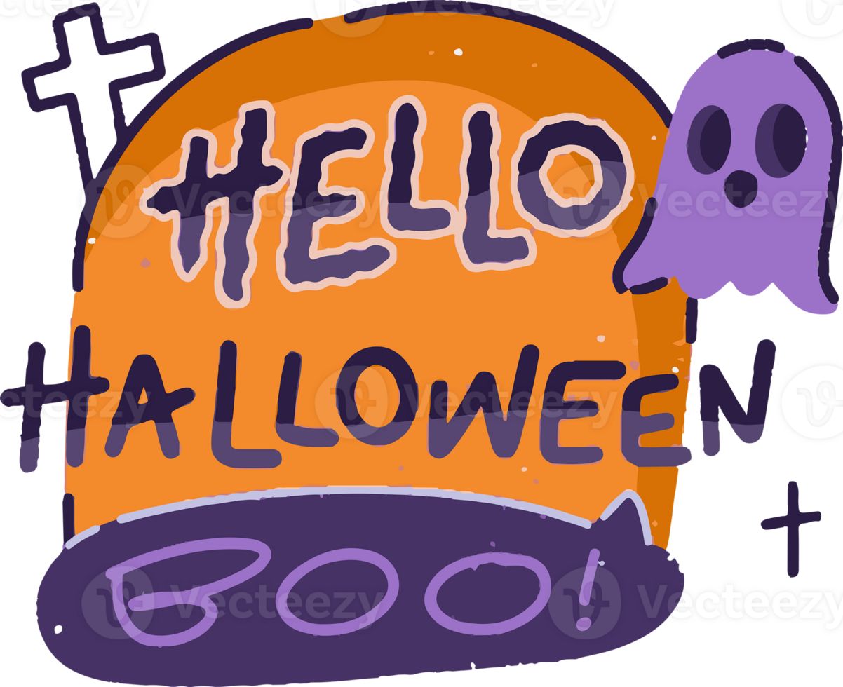 Hello Halloween cartoon sticker with greeting text png