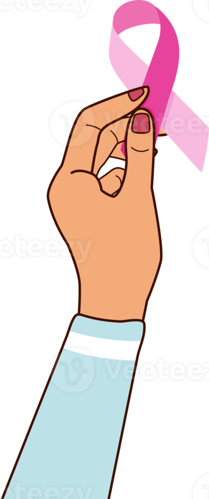 Raising hand with pink ribbon support woman breast cancer awareness, png file no background