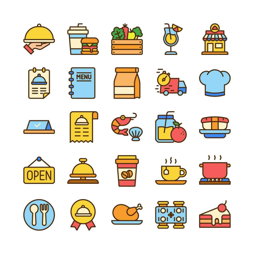 comida y restaurante icono conjunto en plano estilo diseño vector