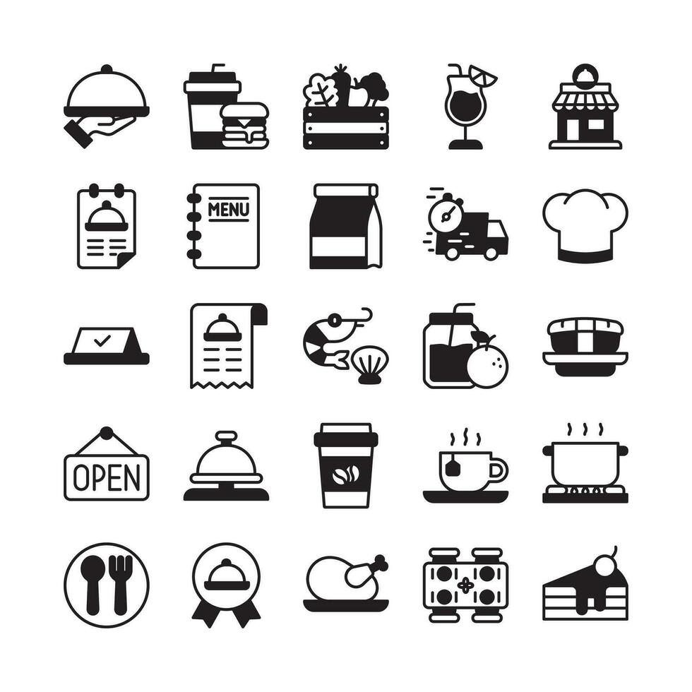 Food and restaurant icon set in flat glyph design vector