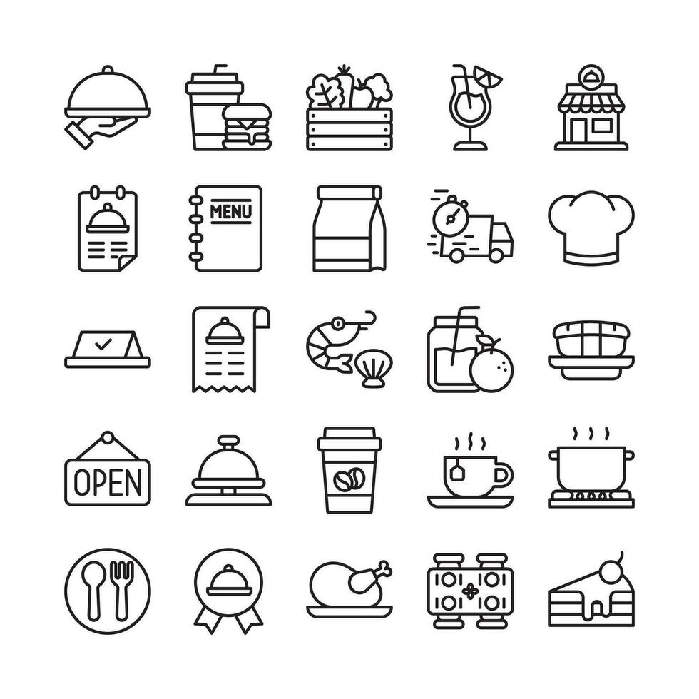 Food and restaurant icon set in line outline style design vector