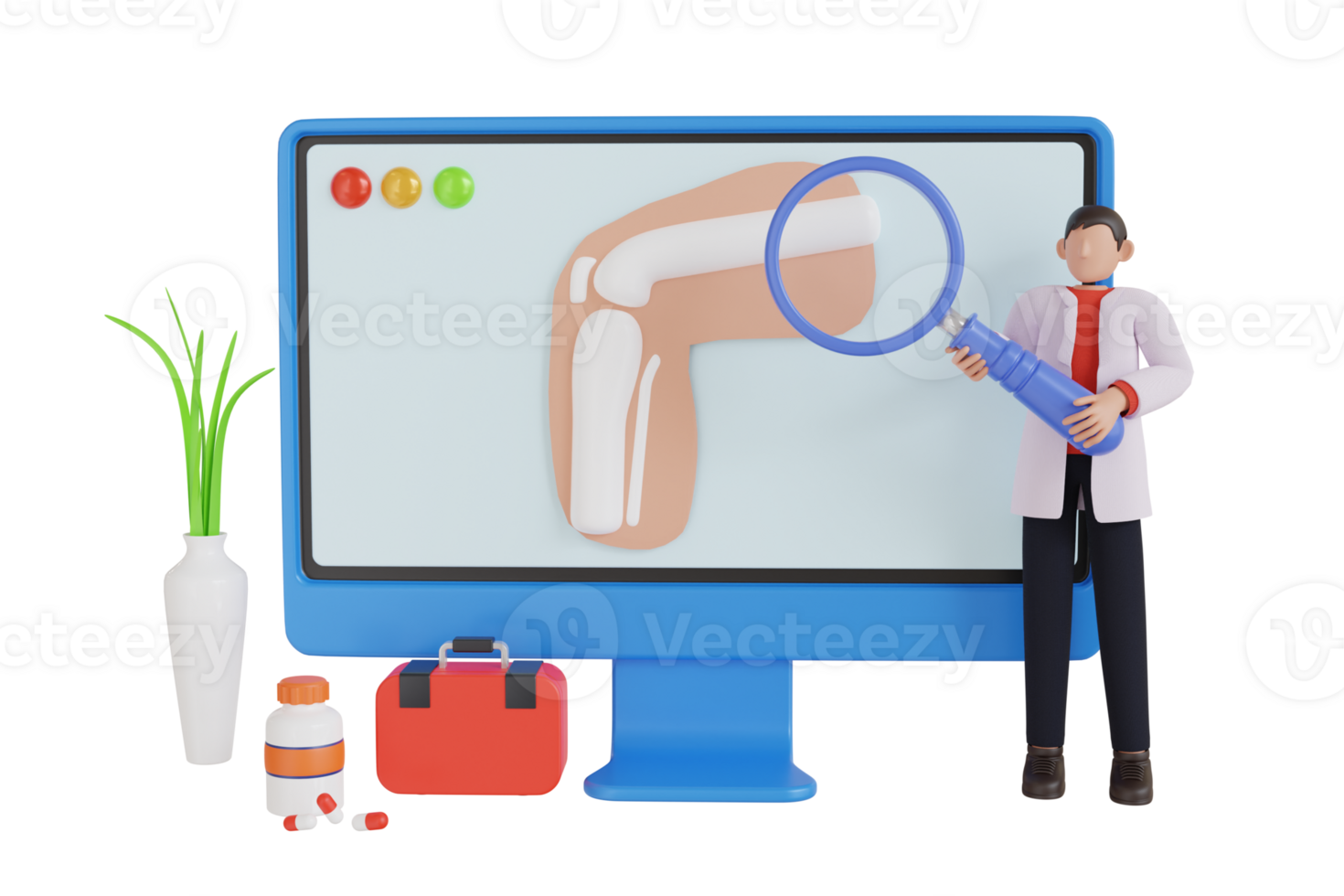 Osteoarthritis check 3d illustration. Orthopaedist check and analysis the Pain in knee joint. 3d illustration png