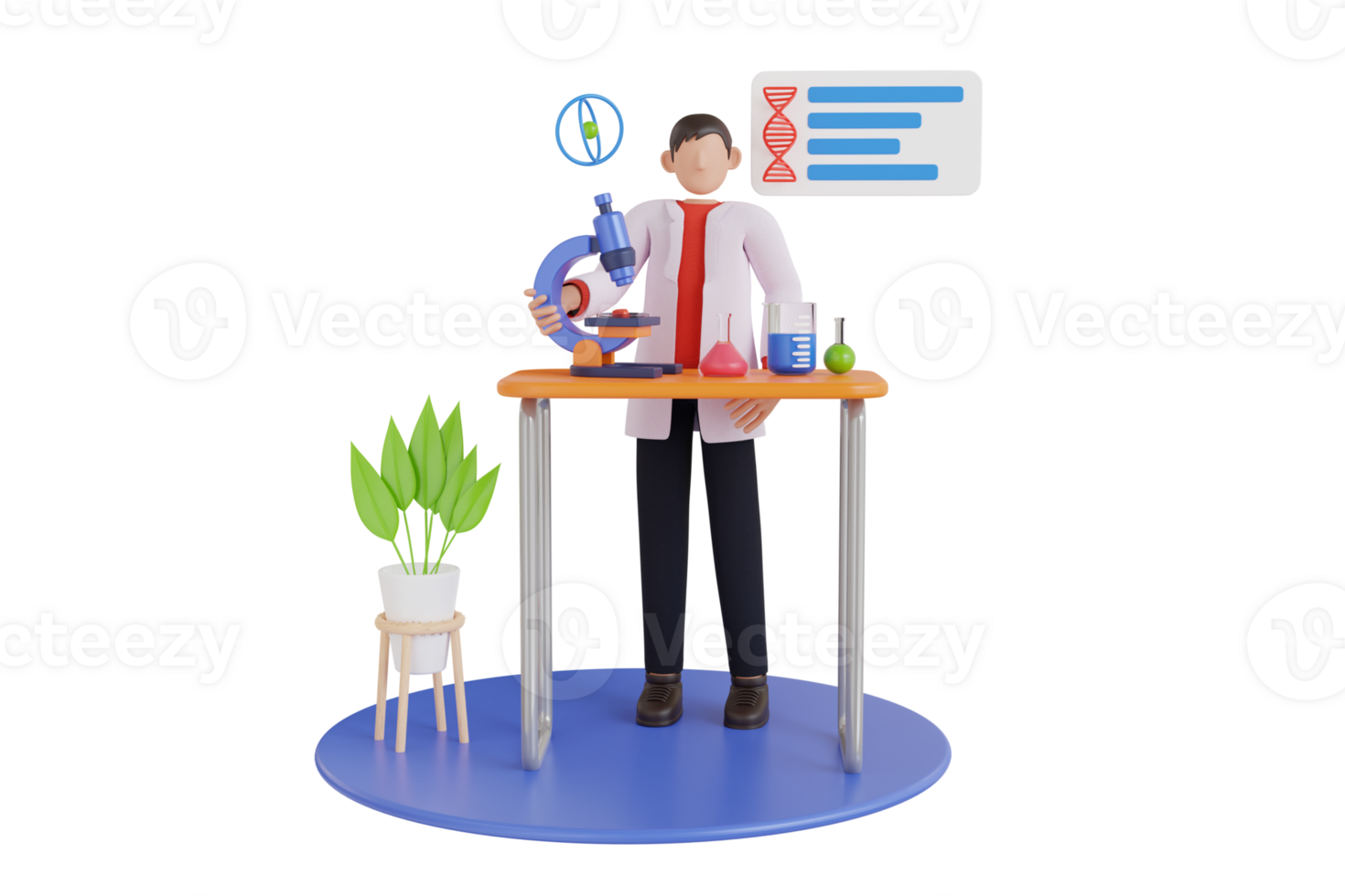 3d illustration av manlig forskare arbetssätt med mikroskop i laboratorium. biokemisk analys med vetenskap Utrustning png