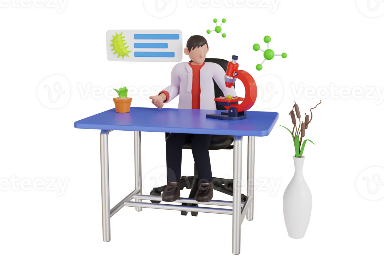 3d illustratie van professioneel wetenschapper werken en analyse in laboratorium. chemisch onderzoekers met laboratorium uitrusting png