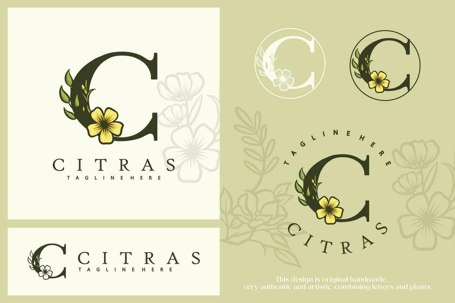 Floral Botanical Letter C. Monogram Font Logo combined with plants. Circle Flower Logo, pictorial, in pastel colors vector