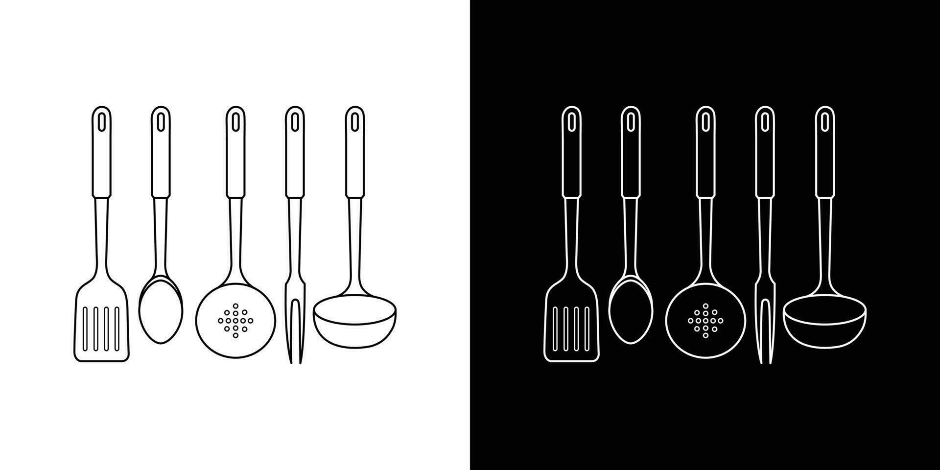 Cutlery stickers set. Assortment of cookware. Icons of whisk, colander, and spatula for baking, cooking, and frying food vector