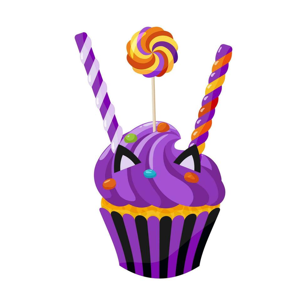 Purple blueberry cupcake with candies and cat ears. Decorated Halloween dessert. Cartoon sweets clipart for menu, greeting card, party invitation. Vector illustration.