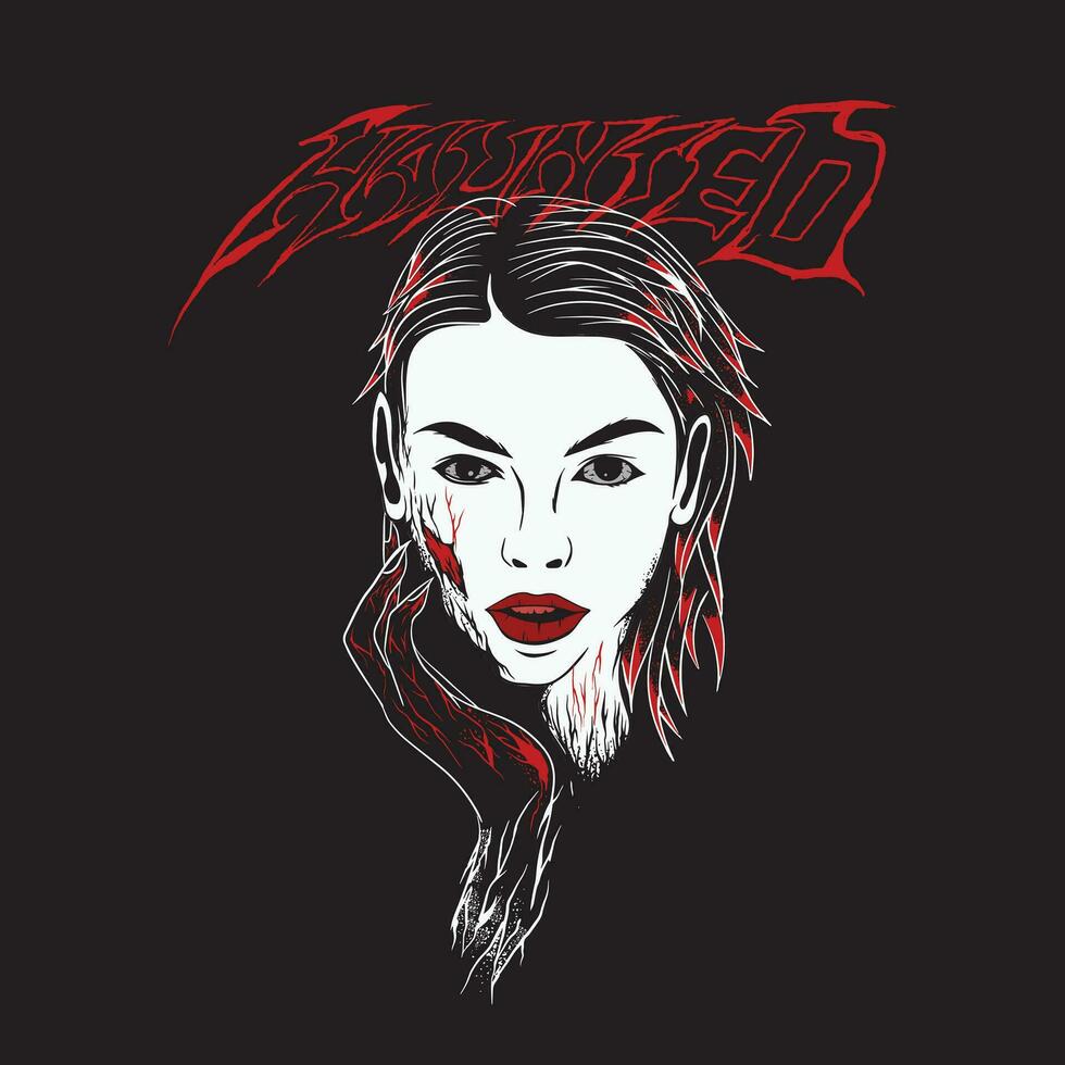 She is a woman with a piercing gaze and a bloodied torn face ,haunted grace vector
