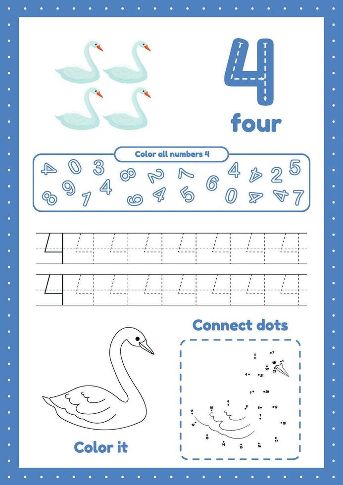 Educational page with many exercises for preschool kids. Trace, color, dot to dot on one page. Learning number 4. vector
