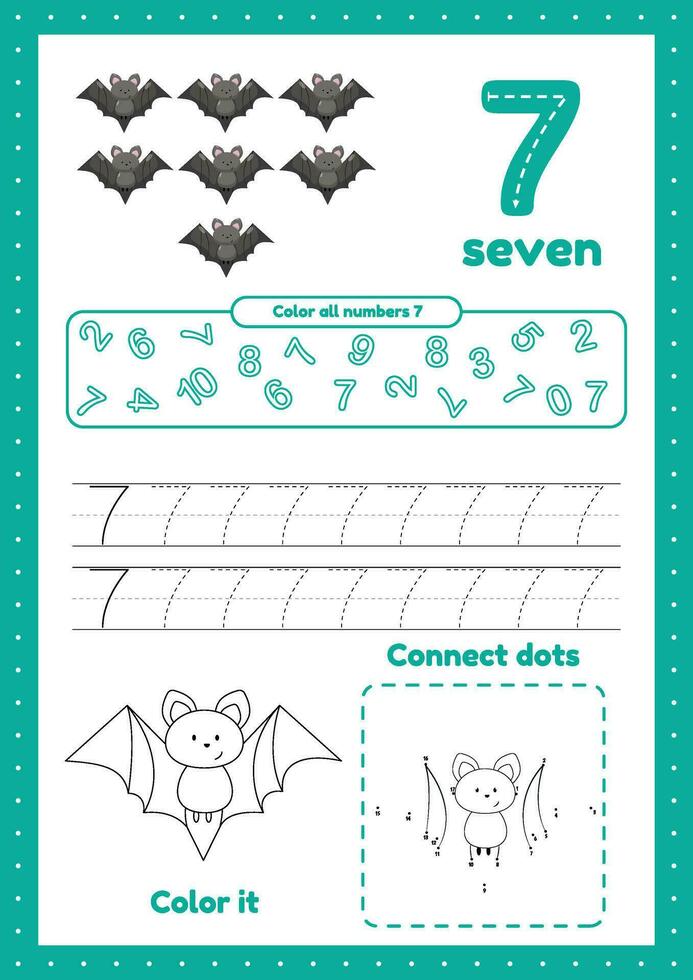 Activity worksheets for preschool children education with many exercises on one page. Learning number 7. Trace, color, dot to dot vector
