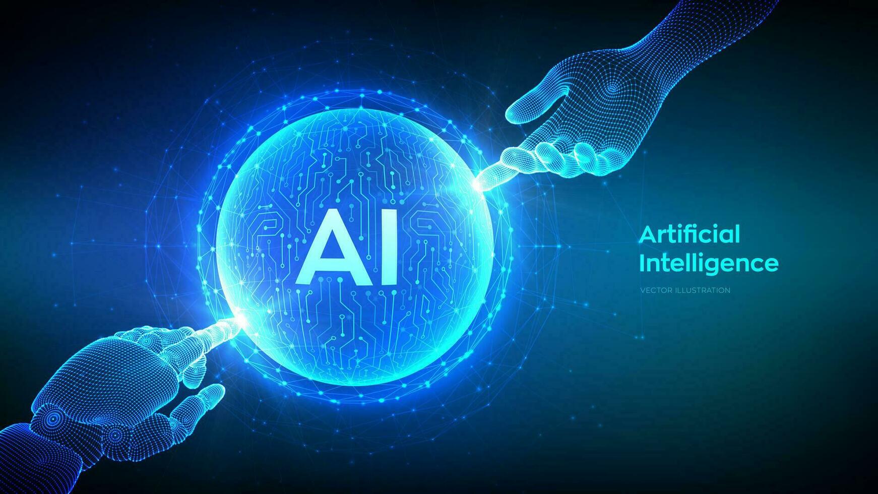 ai. artificial inteligencia. manos de robot y humano conmovedor esfera con circuito tablero modelo. artificial inteligencia y máquina aprendizaje tecnología concepto. neural redes vector ilustración.