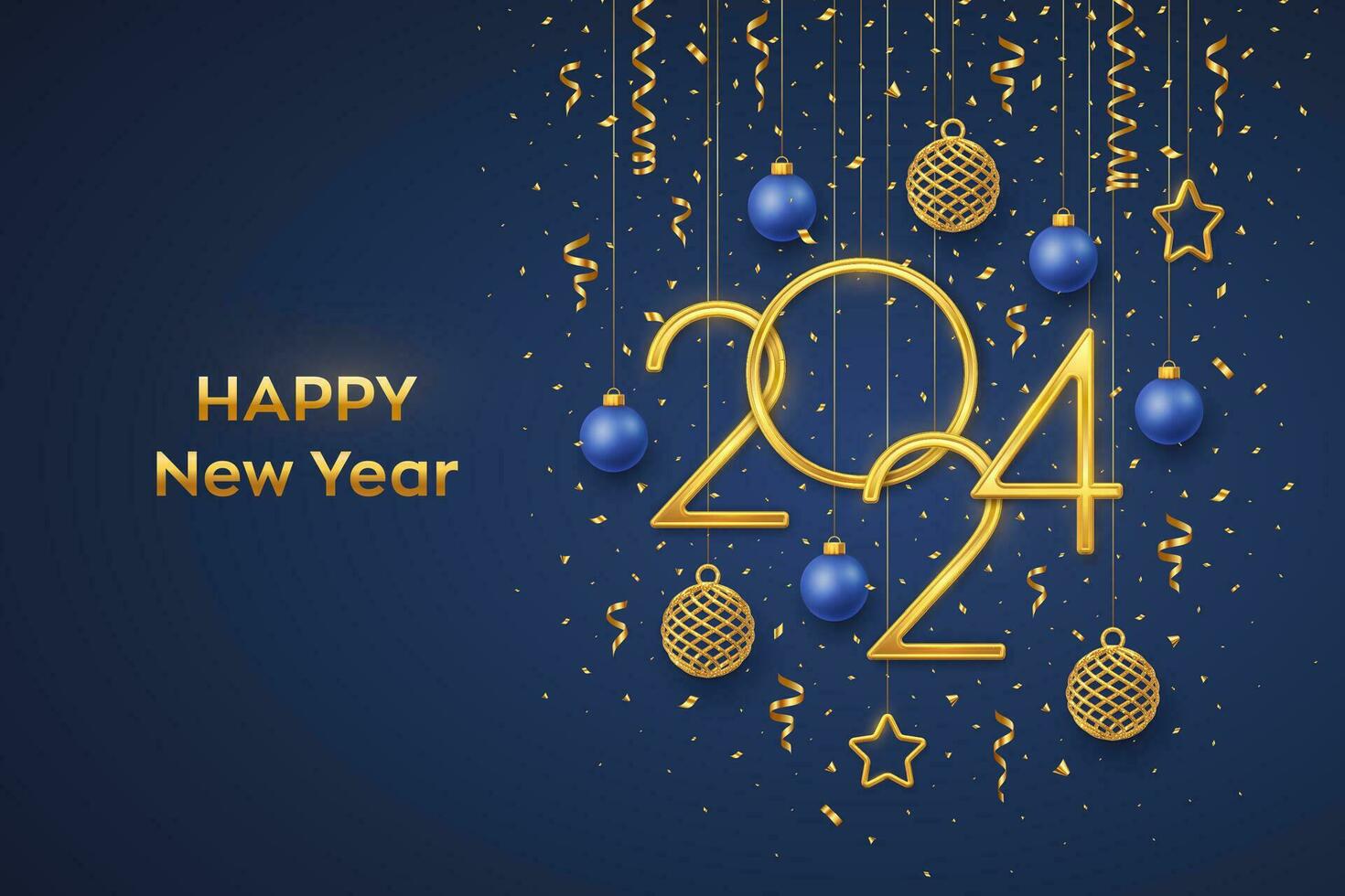 Happy New 2024 Year. Hanging Golden metallic numbers 2024 with shining 3D metallic stars, balls and confetti on blue background. New Year greeting card, banner template. Realistic Vector illustration.